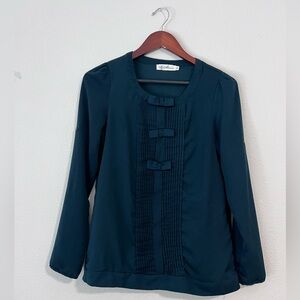 || BOW POPLIN Blouse || dark green || front bows || PLEATS ||